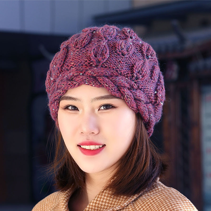 帽子女冬天加绒韩版手工编织毛线帽羊毛加厚保暖针织帽瓜皮帽保暖