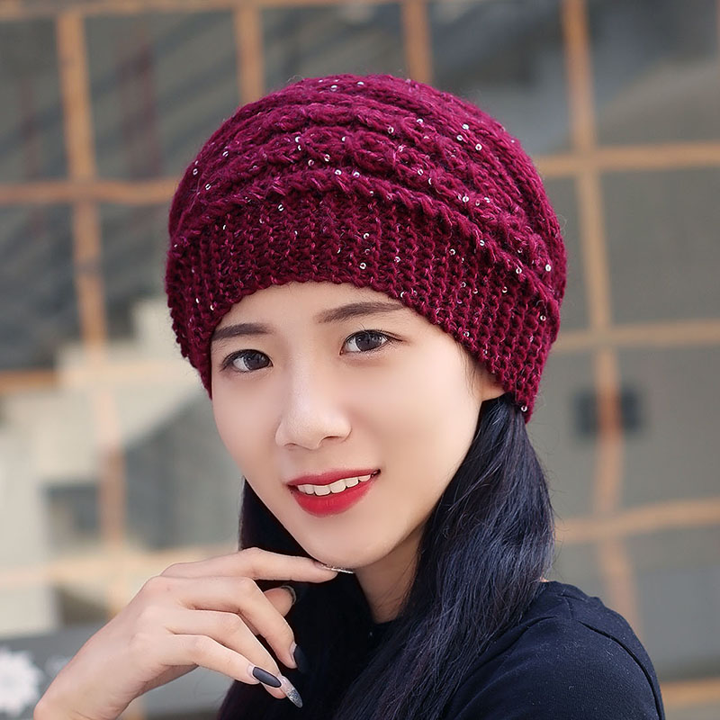帽子女韩版甜美手工针织羊毛帽秋冬加绒毛线帽护耳防风瓜皮妈妈帽