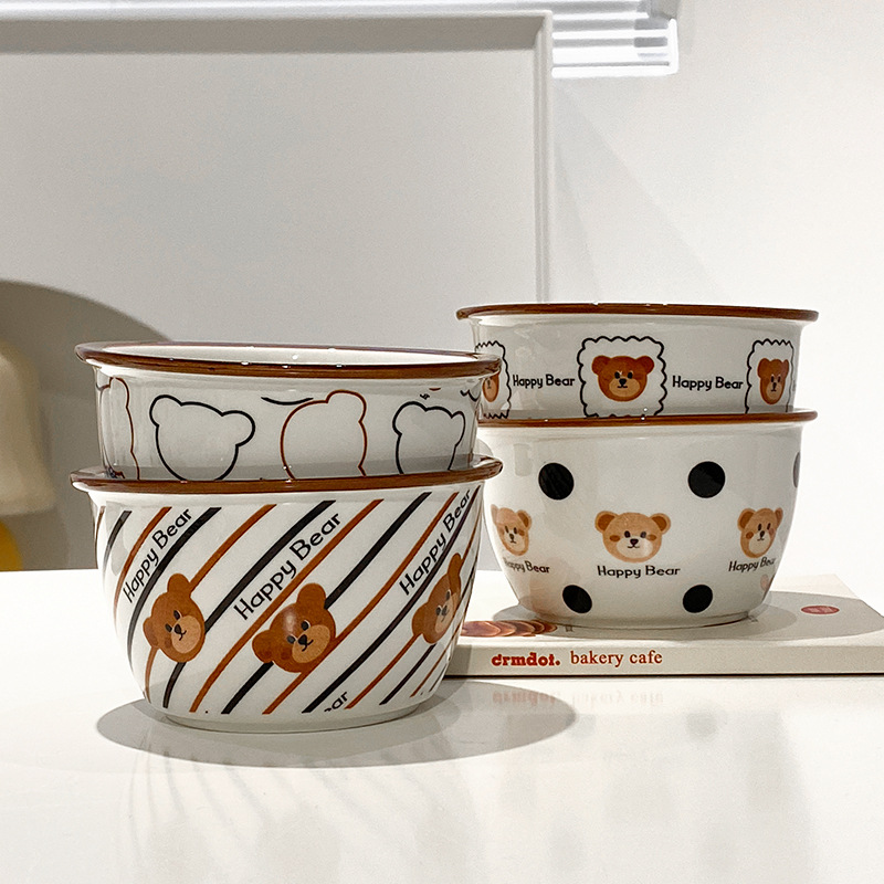 家用网红餐具ins风卡通可爱饭碗陶瓷燕麦碗儿童碗小熊好看的小碗