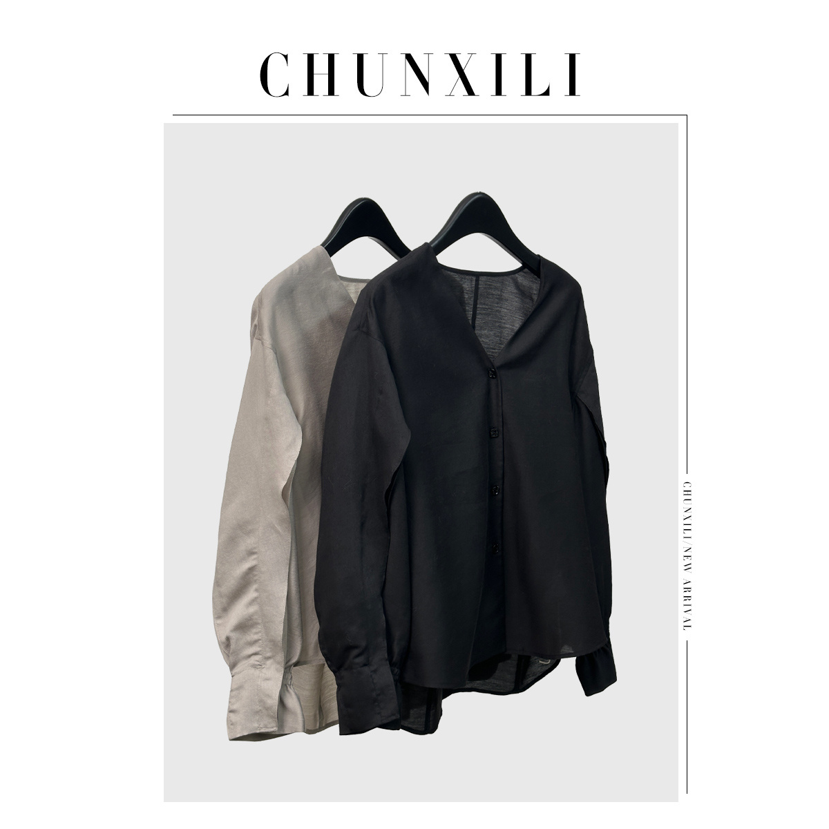 CHUNXILI/小众设计感衬衣 休闲气质时尚V领衬衫D01C34027