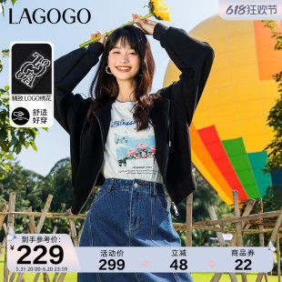 Lagogo拉谷谷黑色短款刺绣卫衣外套女2024年春季新款休闲小个子