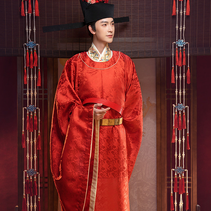 [花仙记]原创汉服刺绣宋制圆领红色缎面圆领男款婚服嫁衣汉服套装