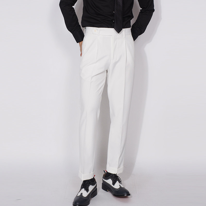 川泽男士卷边白色十分裤新款韩版修身休闲西装裤时尚百搭裤子微弹