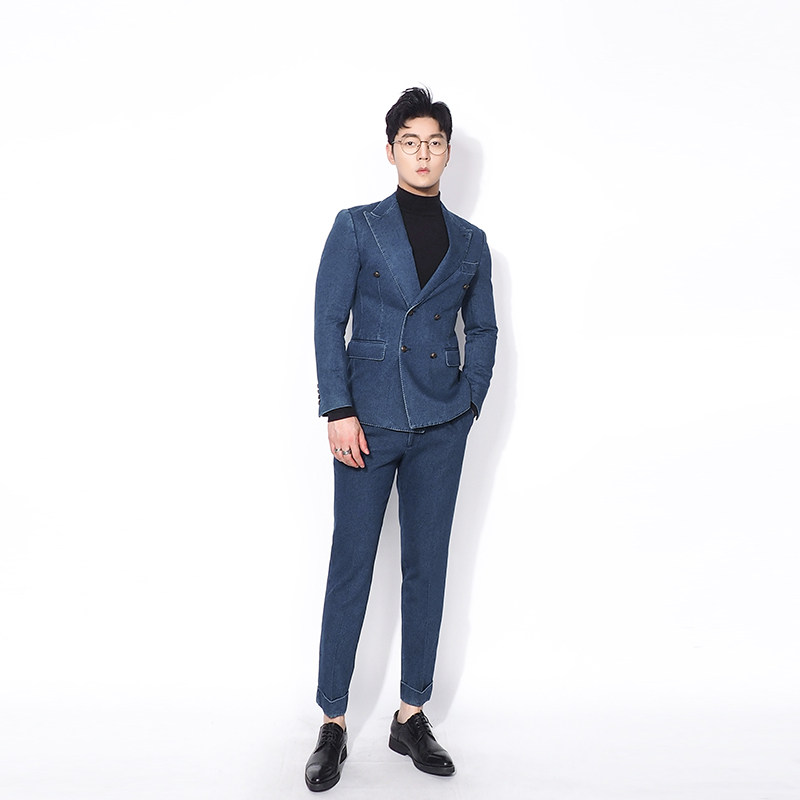 川泽英伦牛仔西装两件套男士韩版双排扣青年套西时尚修身西服套装