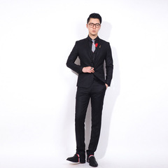 川泽原创定制 质感荧光黑色男士修身西装三件套 韩版西服套装男