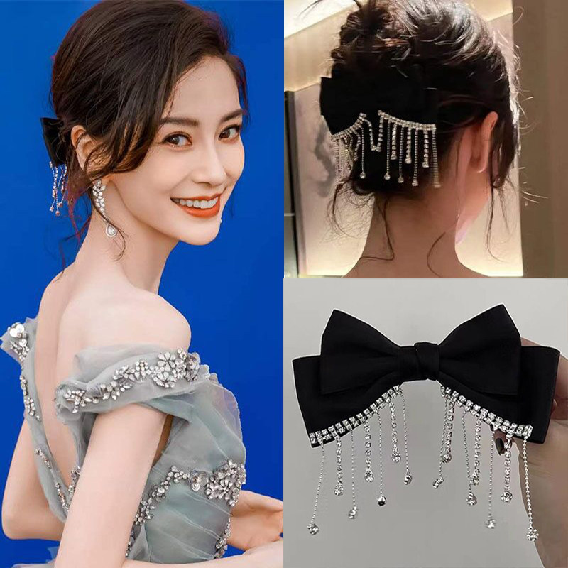 杨颖angelababy同款发饰蝴蝶结发夹黑色流苏水钻头饰夹子女式简约