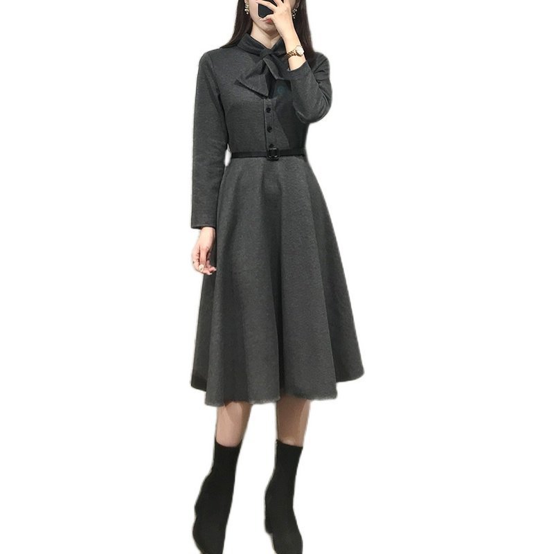 6342秋冬新品羊毛混纺深灰色连衣裙打结领腰带长袖中长款大摆裙子