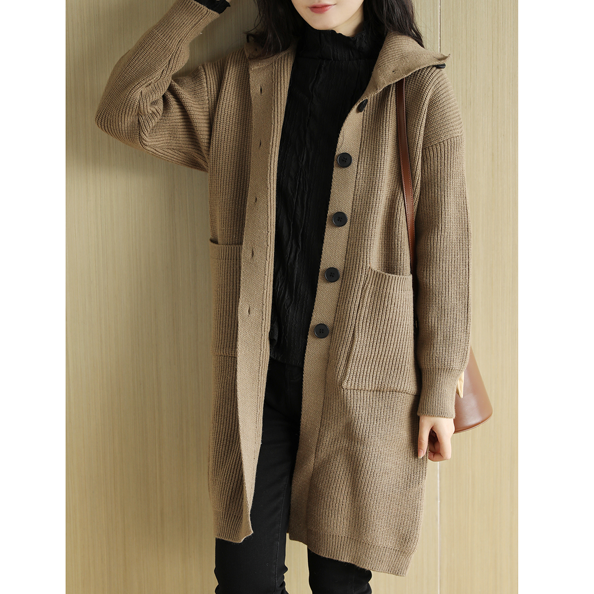 天然出品直筒高翻领针织粗针毛衣开衫女冬季宽松中长款外套wa4882