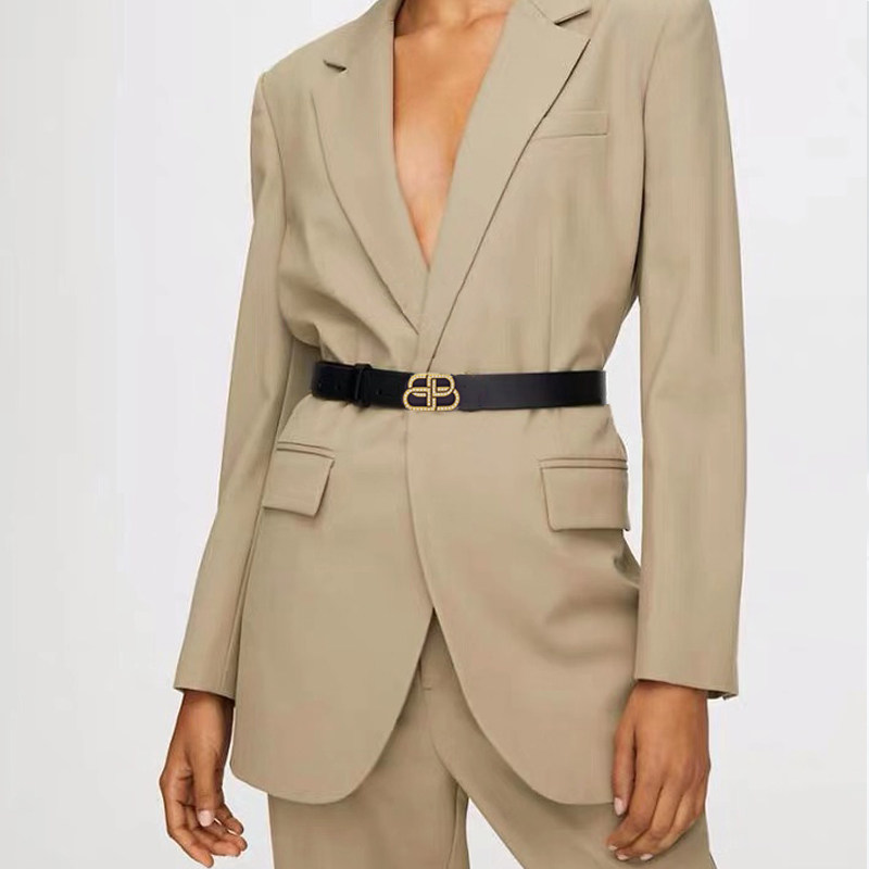 气质设计水钻仿古扣女皮带头层牛皮旧金色西装腰带真皮装饰裤带