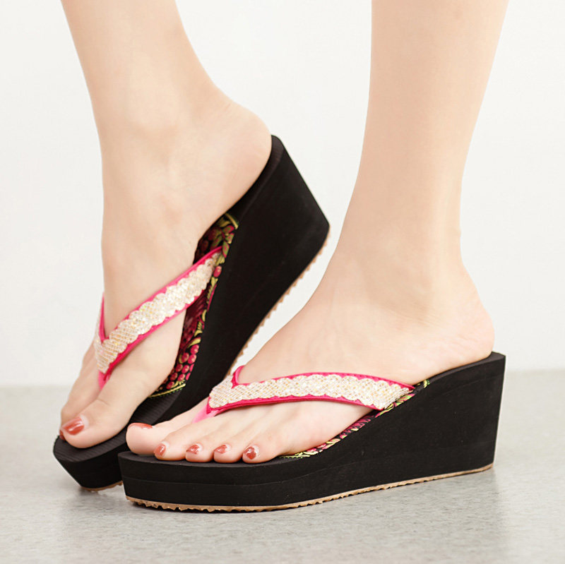 越南平仙时尚女拖鞋室外穿夏凉拖厚底坡跟沙滩时尚夹拖高跟人字拖