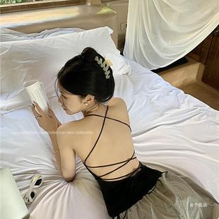 别致辣妹美背吊带背心女夏内搭性感胸垫后背绑带露背短款挂脖上衣