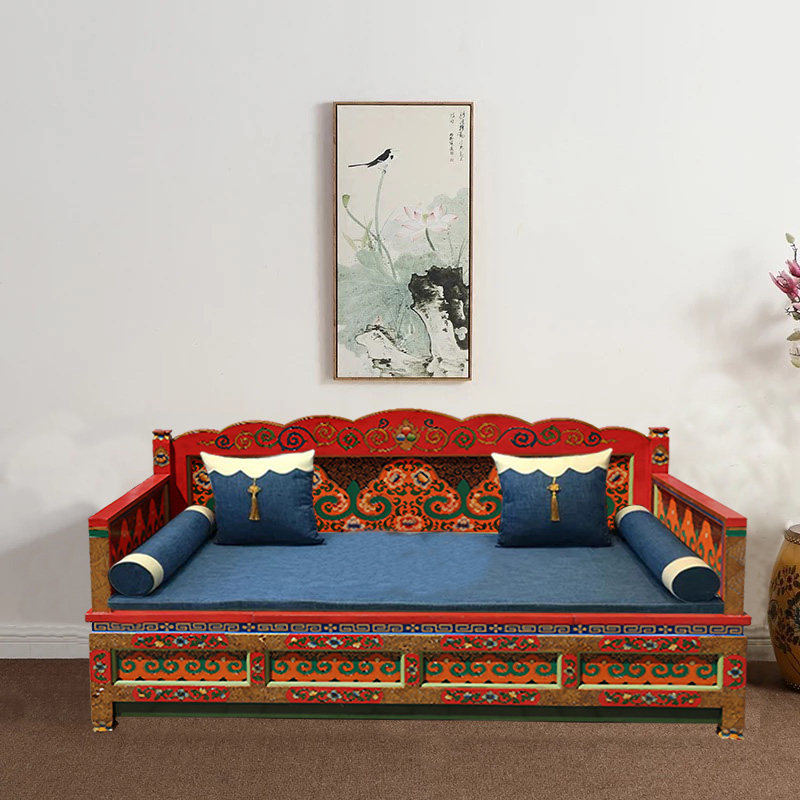 手绘藏式罗汉床新中式床榻上师法座仿古沙发彩漆复古椅