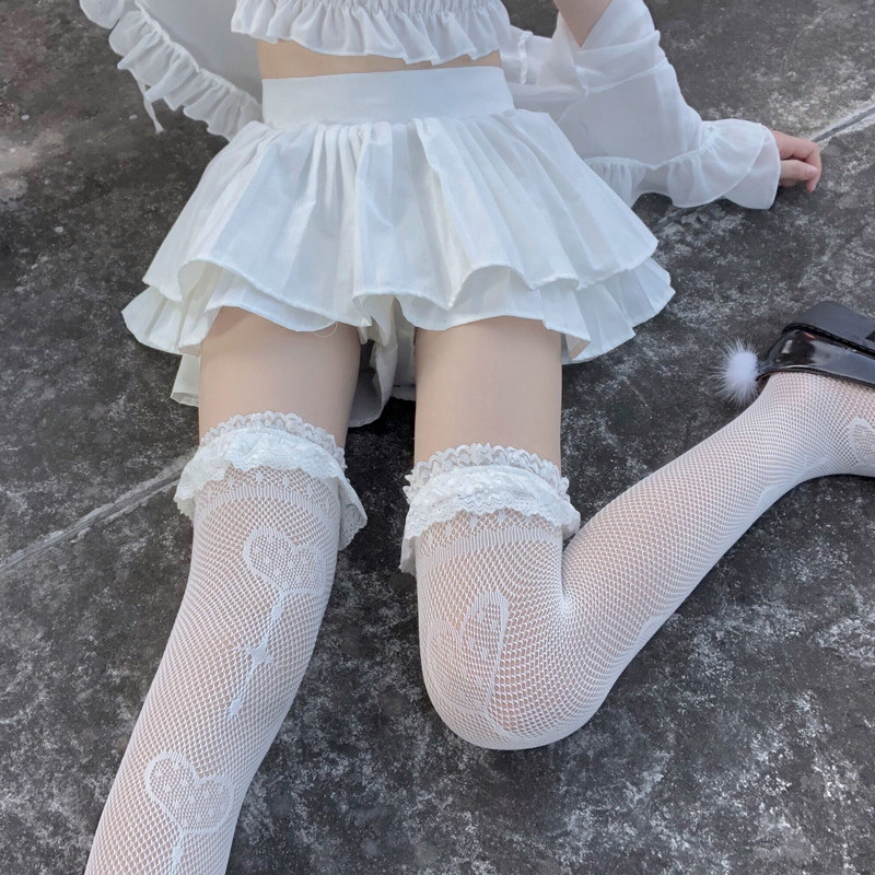 jk爱心白丝渔网袜甜美性感长筒袜lolita袜子少女仙气公主风过膝袜