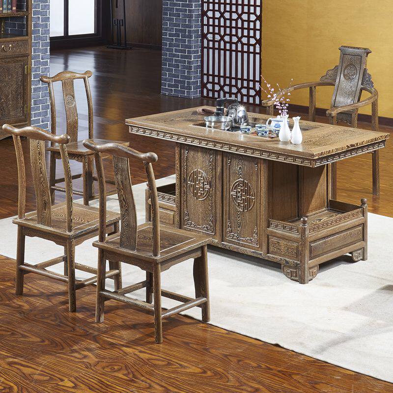 实木原木鸡翅木方形茶桌红木明清古典茶台中式仿古茶几桌椅组合