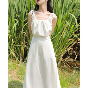 JUJU定制法式拼接款裙子收腰显瘦高级感白色吊带连衣裙夏季气质女