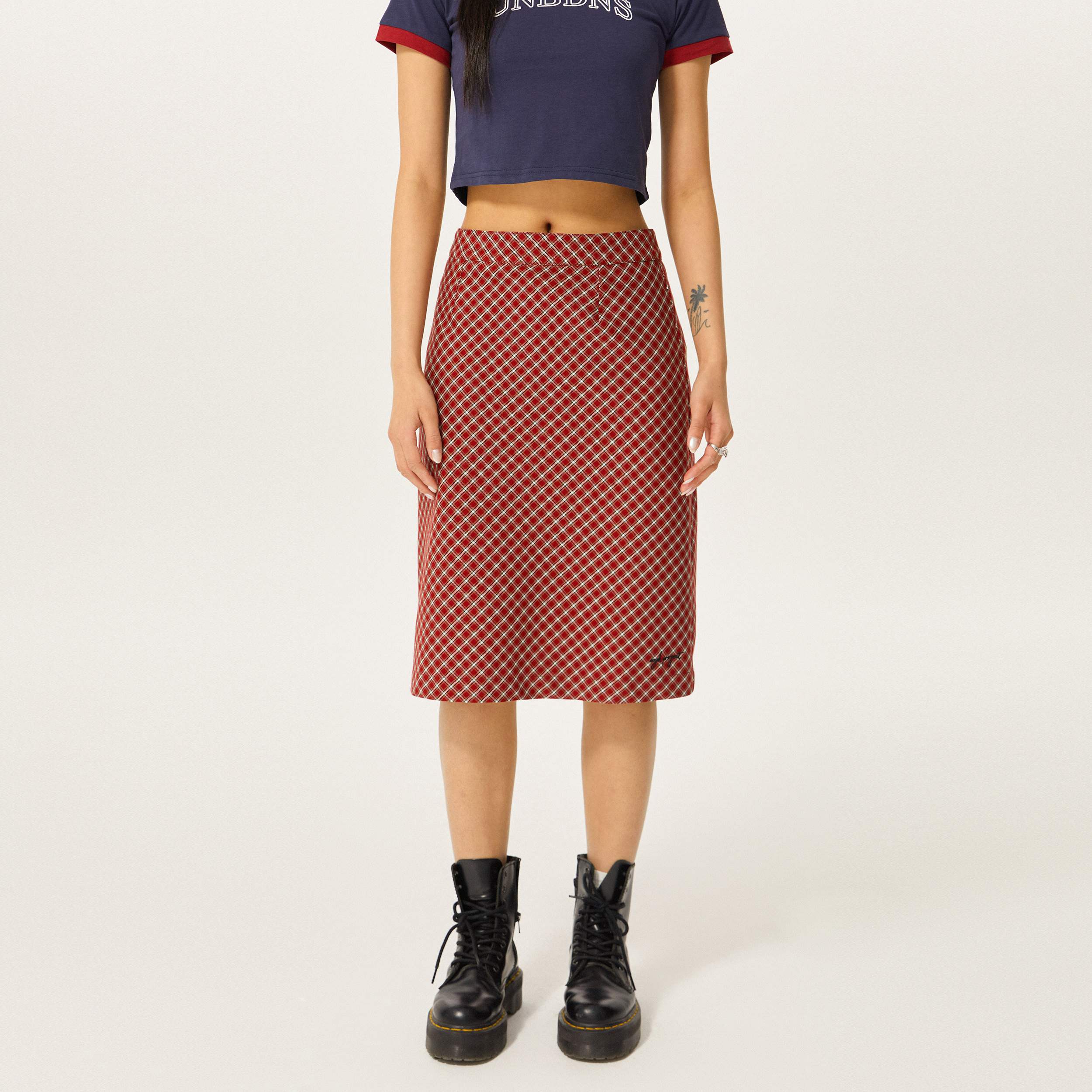 ezek原创设计美式复古红色苏格兰格子裙夏季中长款半身裙女辣妹潮