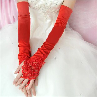 色红旗袍手套结婚新娘韩式白色结婚礼服新娘袖套结婚婚纱手套