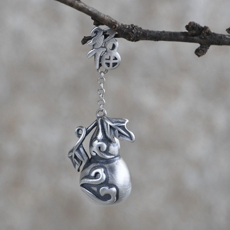 古银铺 s925纯银复古泰银工艺银吊坠 女款福禄单面葫芦长款银项坠