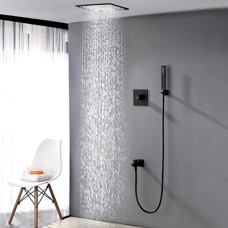 贝西暗装黑色全铜花洒嵌入墙式淋浴花洒套装吸顶冷热集成吊顶天幕