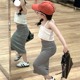 女童套装2025夏装新款露背白色吊带上衣灰色裙子时尚包臀裙两件套
