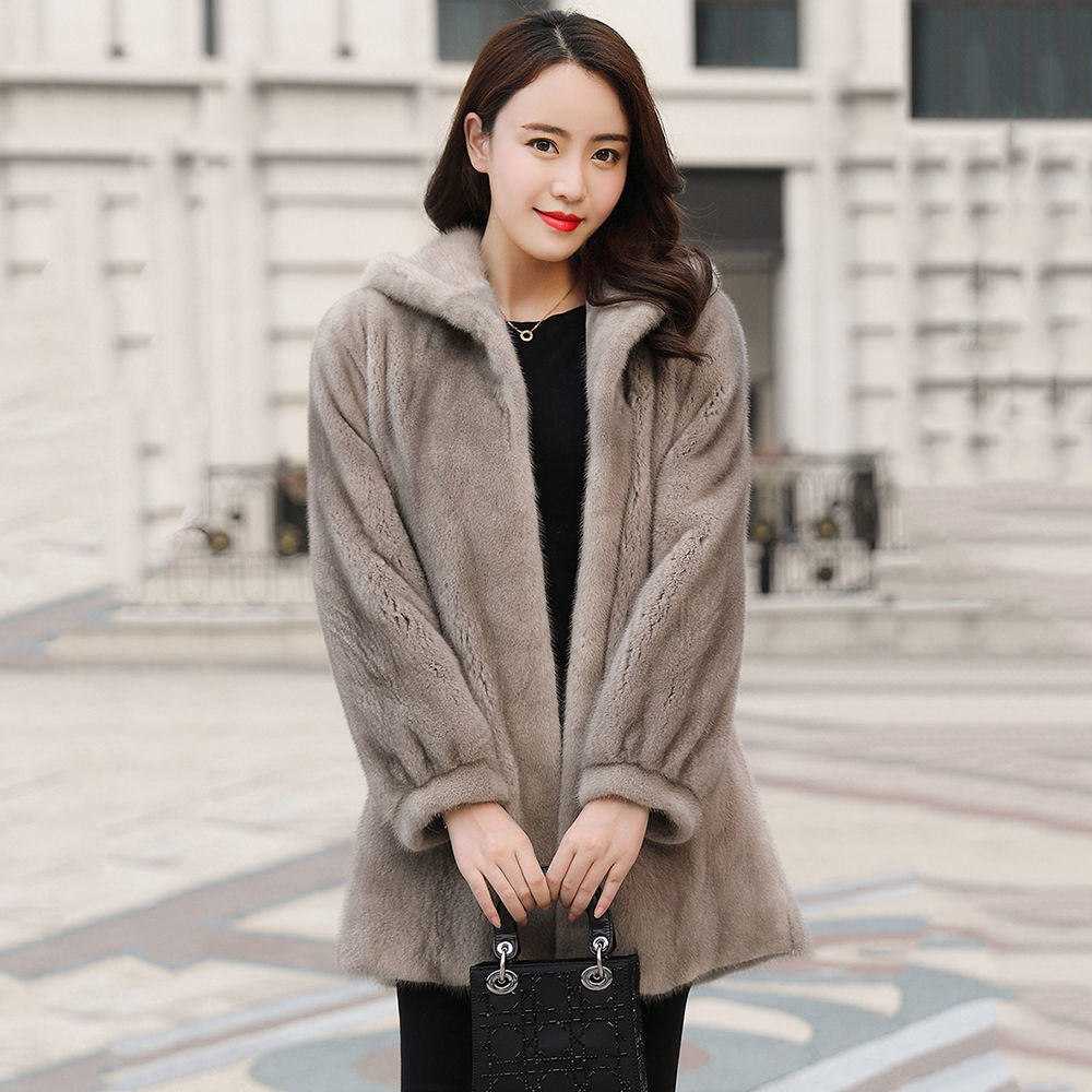 2021海宁水貂皮草女进口天鹅绒貂皮大衣女整貂中长款带帽韩版外套