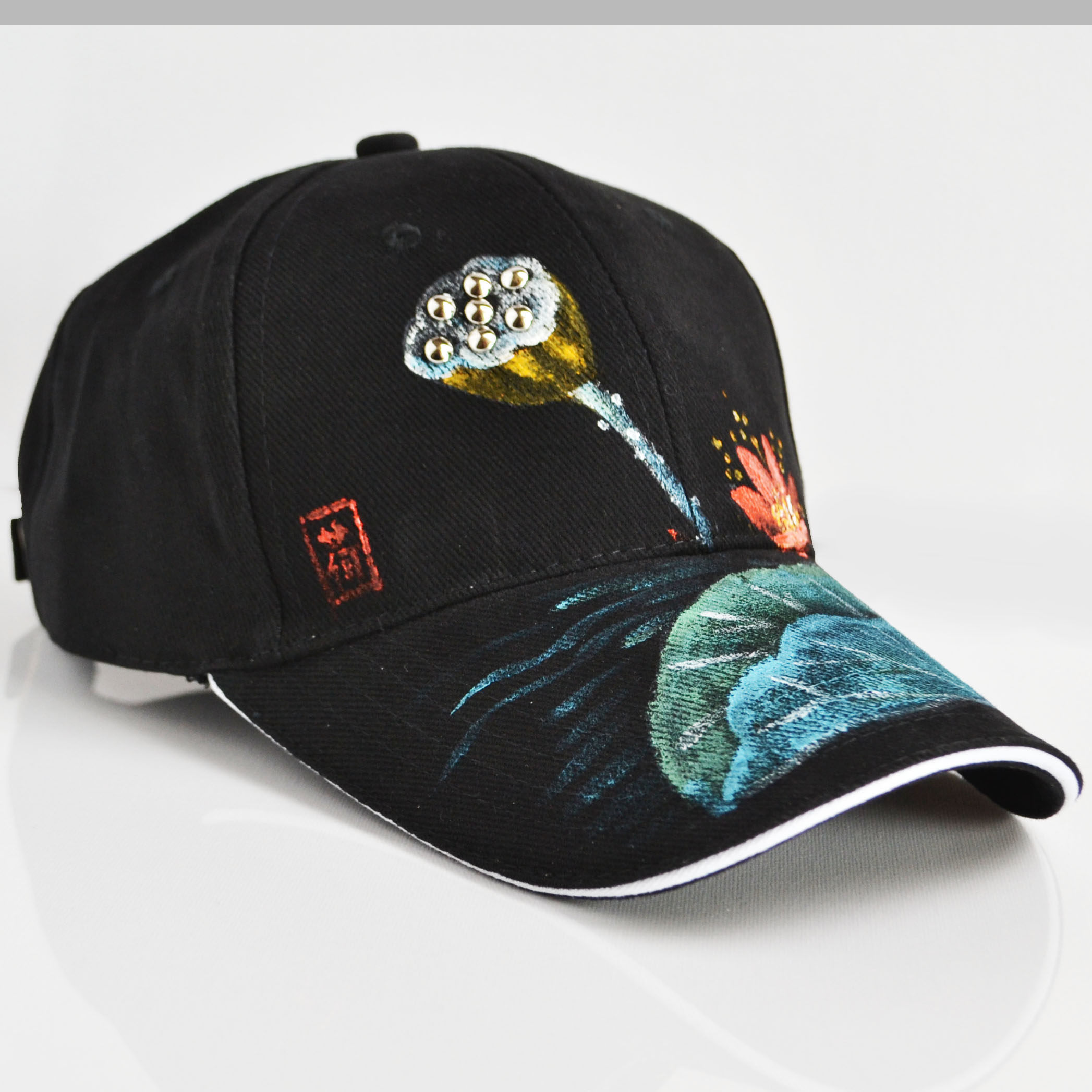 铆钉鸭舌帽子韩版_韩版时尚帽子女彩绘荷花棒球帽手绘鸭舌帽中国风