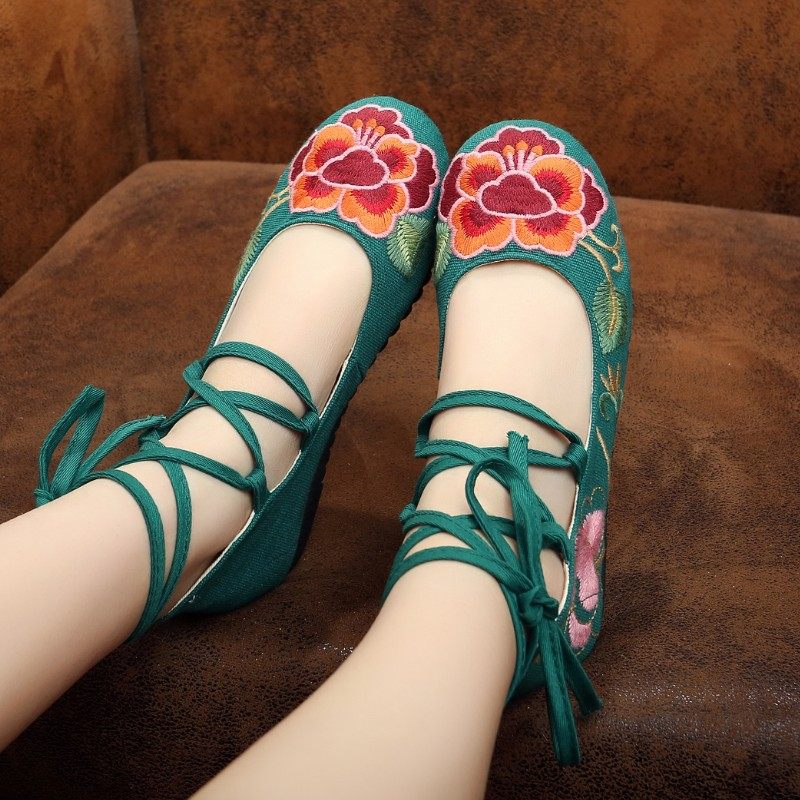 正品老北京绣花布鞋舞蹈民族风拼色绑带绣花鞋内增高坡跟女单鞋夏