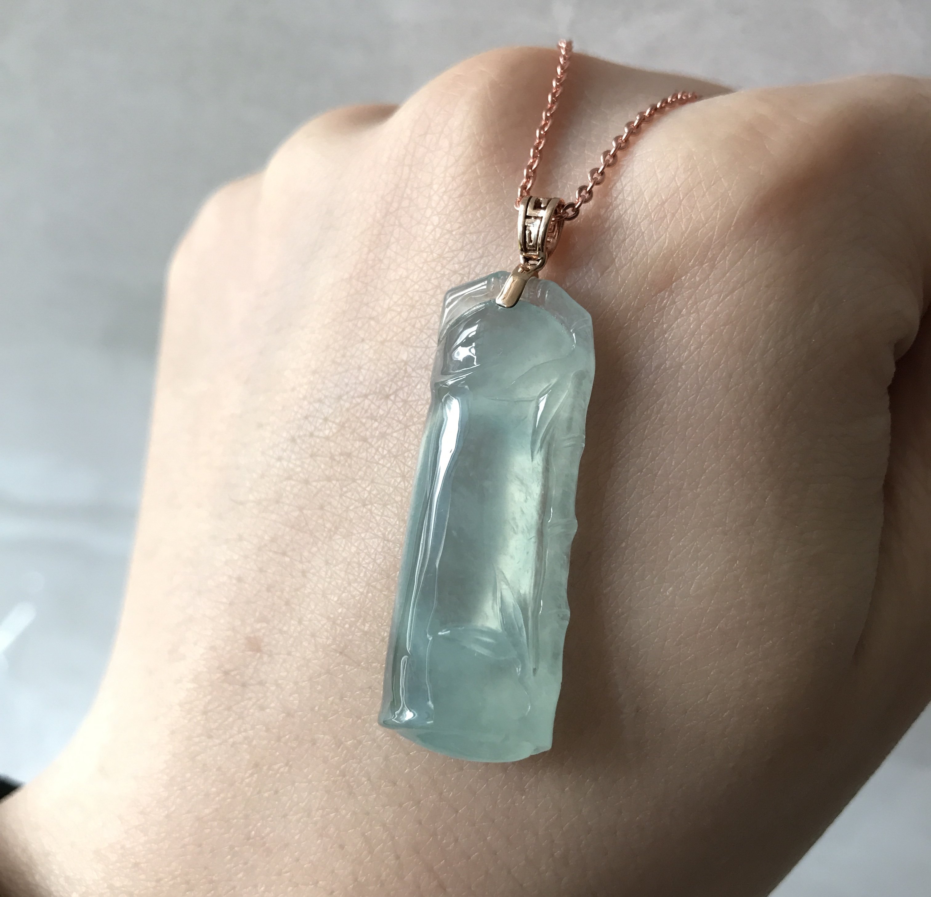 自然光无美颜 18k金镶缅甸天然a货翡翠竹节吊坠 老坑冰种起光