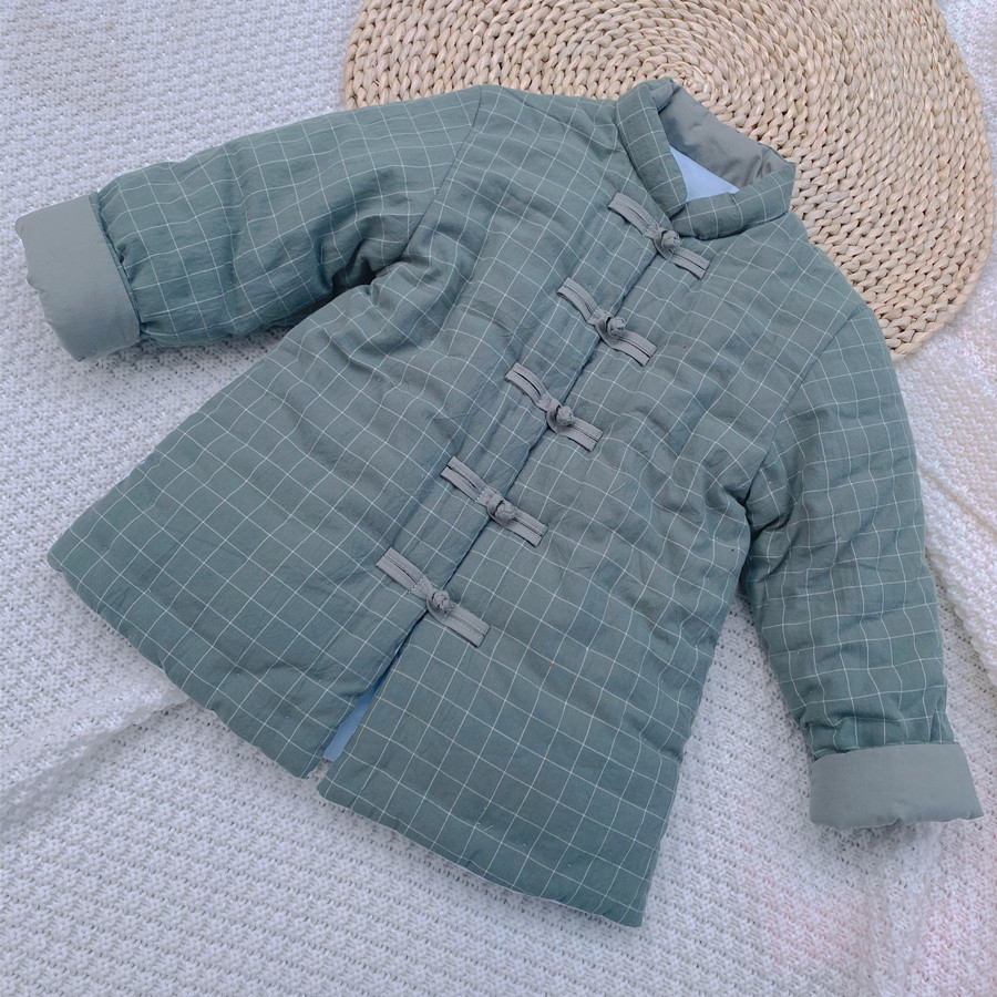 2020冬季 男童绿色大格子纯棉花手工棉衣 中国风盘扣棉袄拜年服