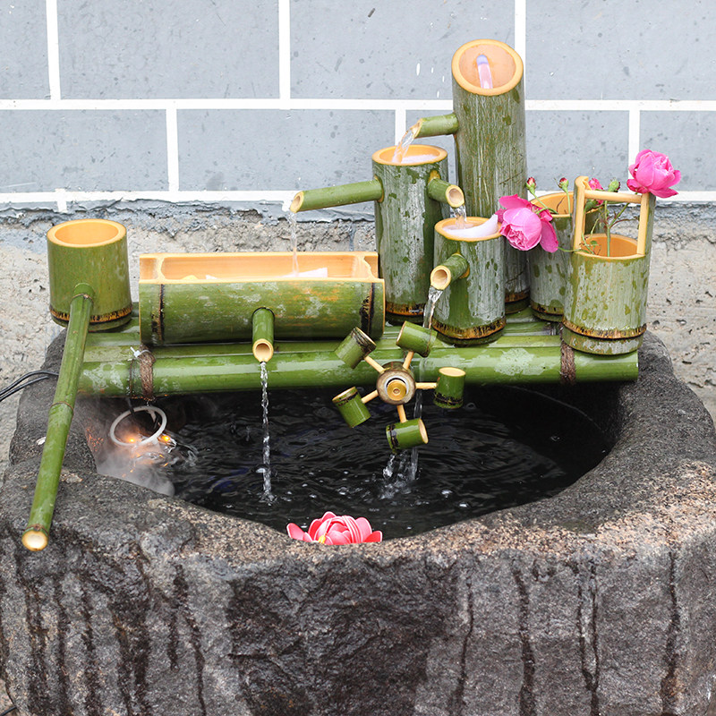 自制毛竹筒流水器摆件竹子鱼缸养鱼池过滤器太阳能流水循环系统