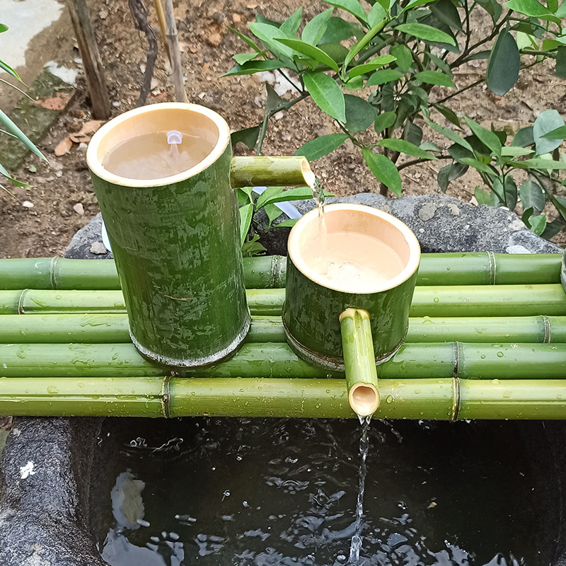 竹筒流水器竹子自制养鱼鱼缸过滤器摆件太阳能水循环系统不用电