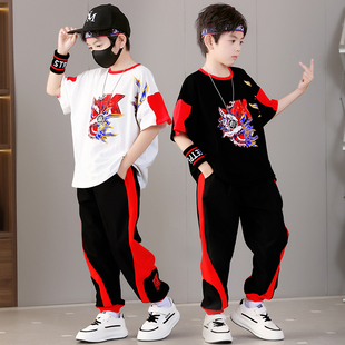 儿童夏季2024新款中大男童运动休闲时髦套装潮流韩版网红短袖长裤