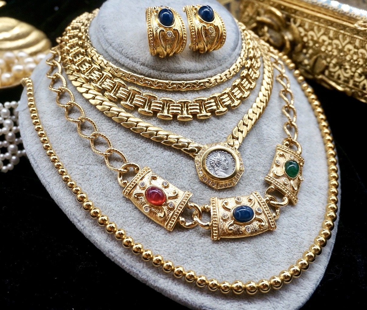 vintage古董首饰复古着素金choker琉璃果冻项链简约中古珍珠颈链