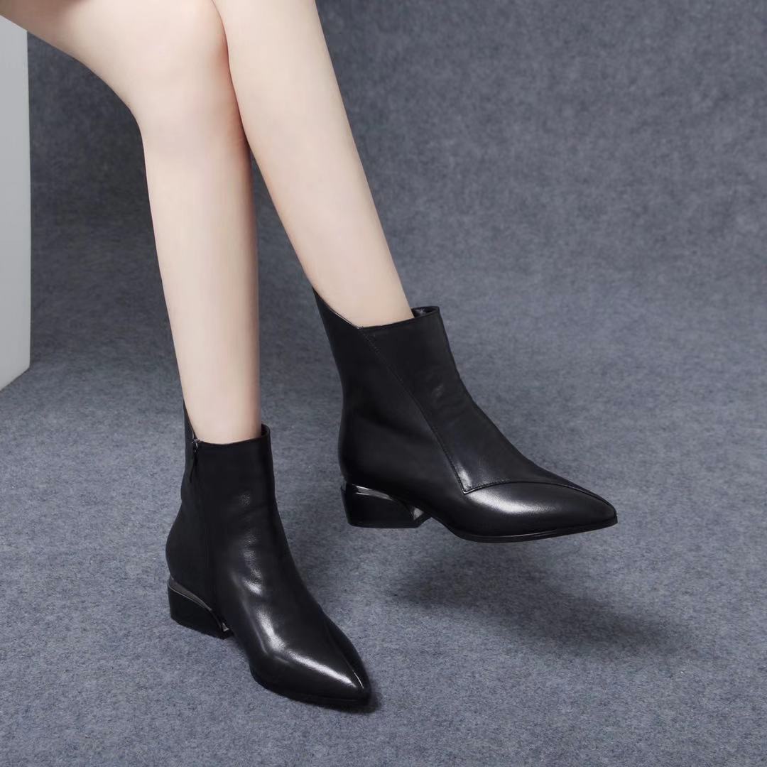 一折真皮女鞋秋款中跟_小短靴女2019秋季新款真皮鞋粗跟中跟百搭马丁