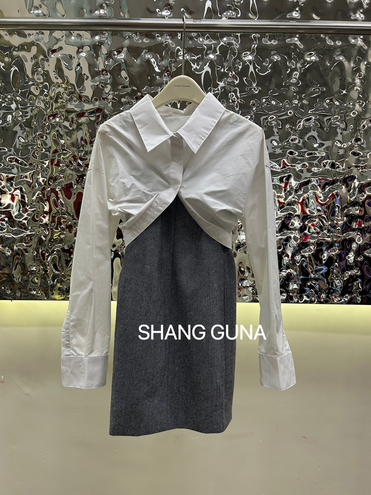 秋季新款小众设计感修身白衬衫灰色短裙假两件羊毛连衣裙衬衣裙女