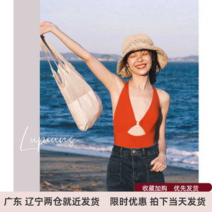 夏新款泳衣女款泡温泉复古港风性感红色三角连体海边沙滩度假泳装