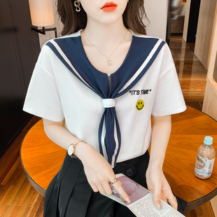 少女条纹t恤韩版时尚半袖初中高中大学生夏装海军风学生短袖上衣