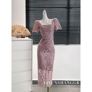 粉色复古短袖连衣裙女夏季长裙高级设计感法式御姐风宴会礼服裙子