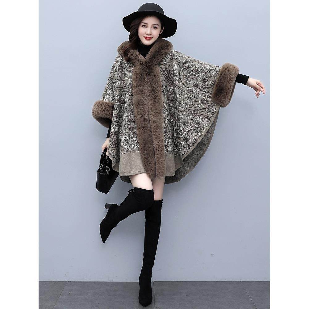 披肩斗篷女时尚加大码春秋款复古韩版高级小香风毛领秋冬连帽大码