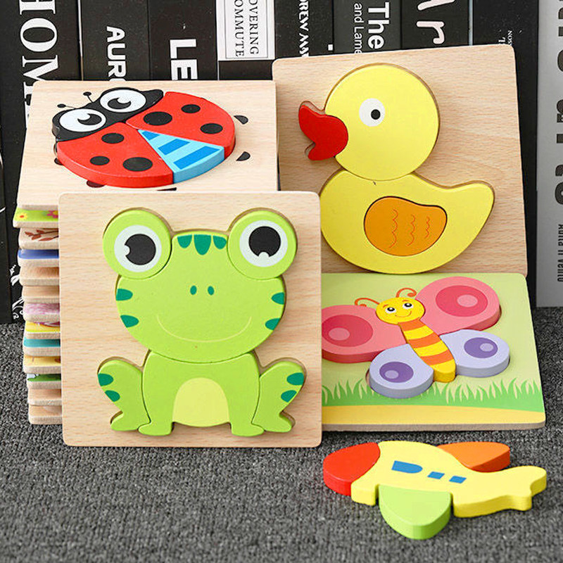 儿童青蛙拼图积木制动物鸭子益智早教木质玩具卡扣片宝宝岁3d立体