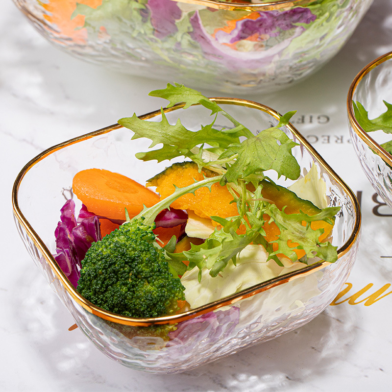 欧式创意小雏菊方形透明金边玻璃锤纹沙拉碗大号甜品碗早餐碗果斗