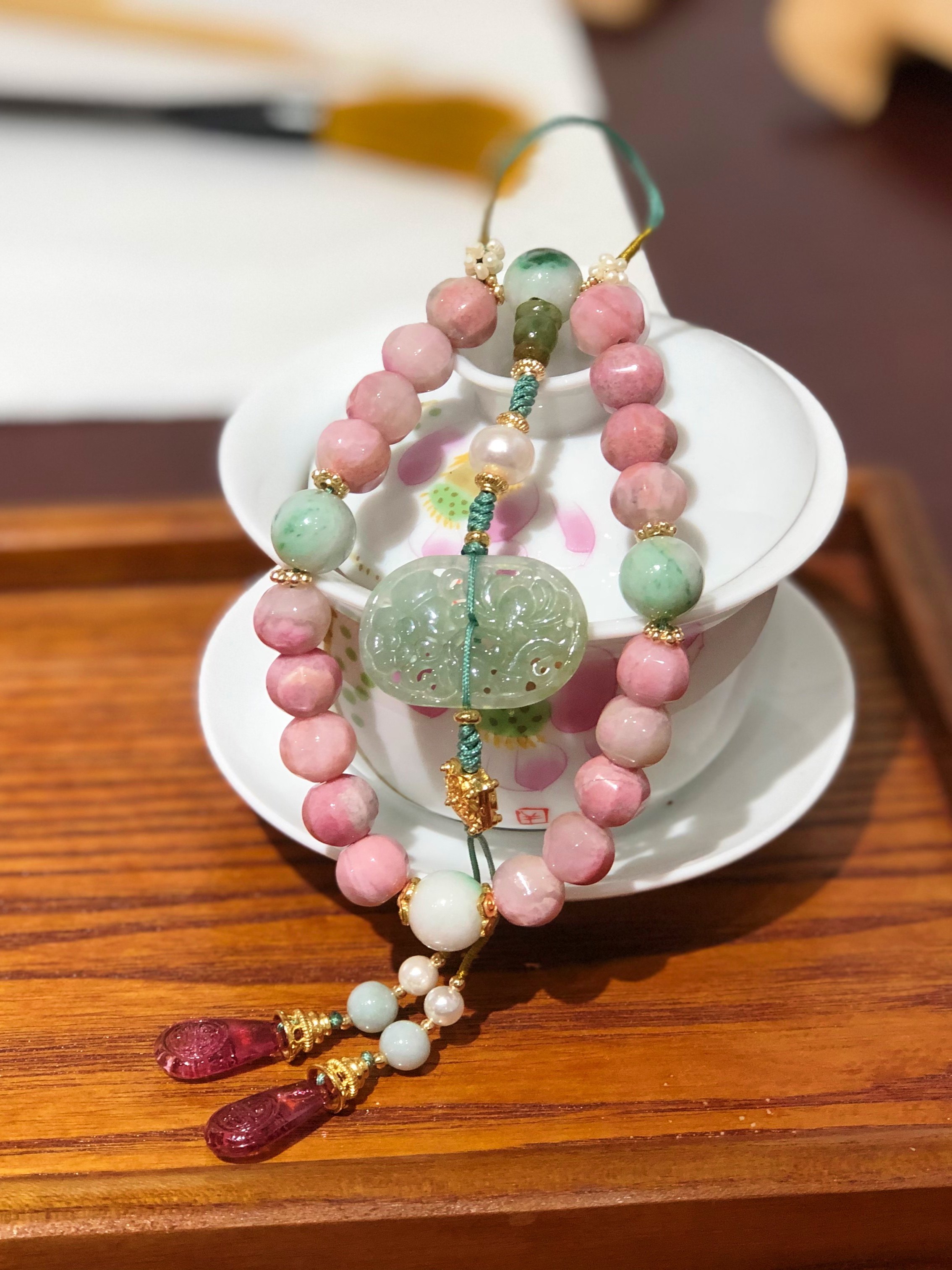 樱花雨 天然翡翠a货蔷薇辉石十八子压襟手持国潮手串汉服茶服挂饰