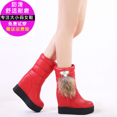 冬季女红色中筒靴松糕厚底内增高狐狸毛雪地靴保暖加厚防水棉短靴
