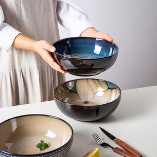 创意欧式9寸玉兰花陶瓷碗水果碗餐具大号汤碗家用碗釉下彩手绘碗