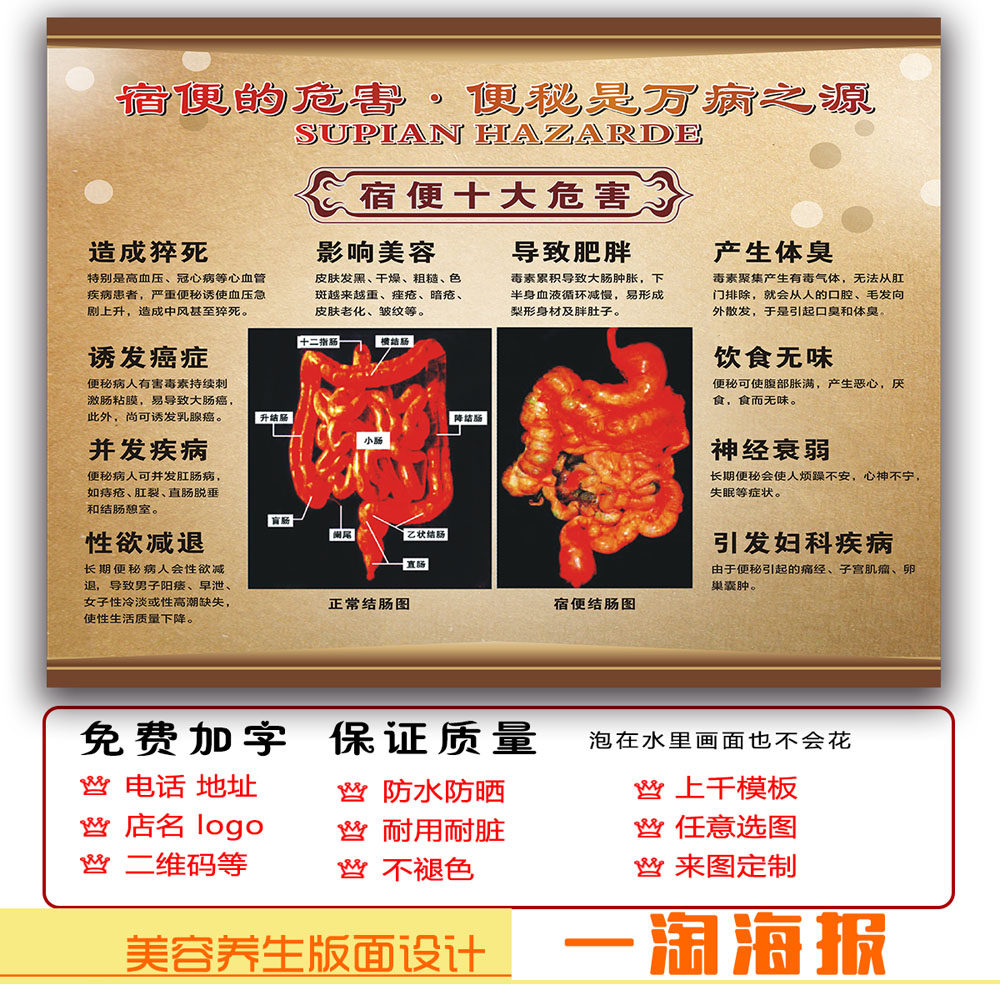 宿便的危害美容养生海报挂画养生馆宣传海报图片装饰画相纸无框kt