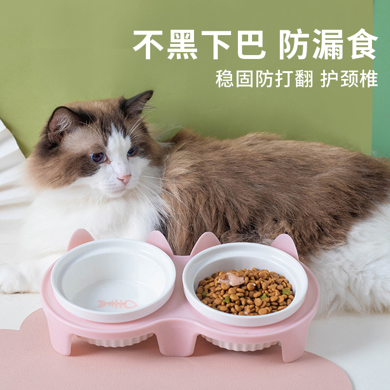 黑色猫碗陶瓷猫食盆猫咪饭碗宠物斜口