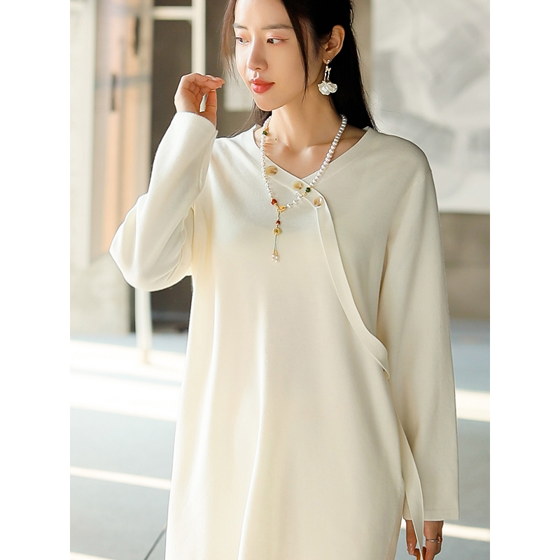 复古日记国风女装纯色新中式针织衫中国风白色羊毛连衣裙毛衣裙