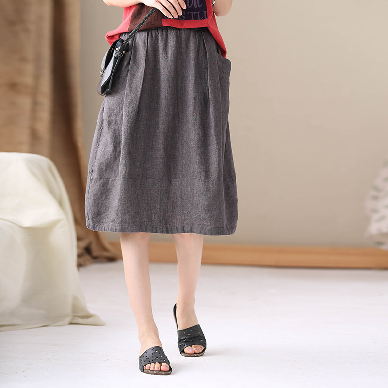 苎麻半身裙民族风印花拼接松紧腰中长百褶裙文艺复古棉麻2020春夏