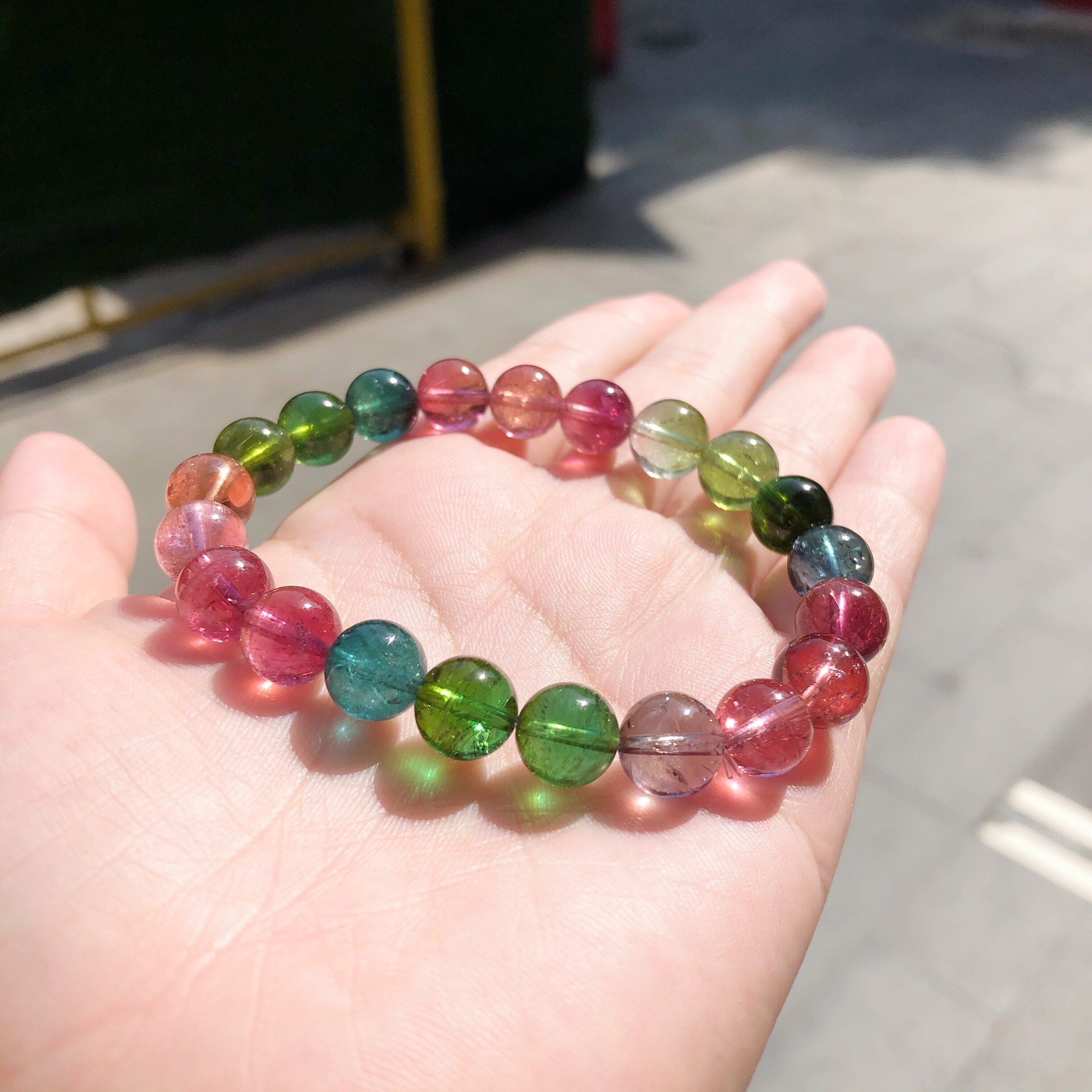 巴西天然西瓜碧玺手串女单圈彩虹糖果色三圈碧玺手链散珠吊坠水晶