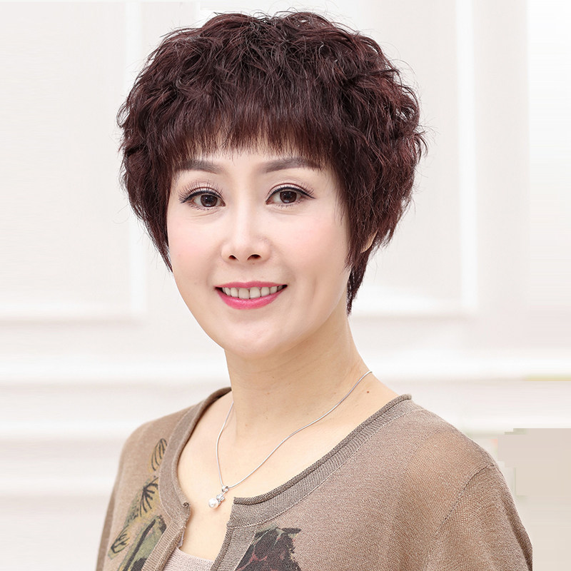 假发女短发妈妈假发女全头套中老年真人发丝时尚女士圆脸短卷发套